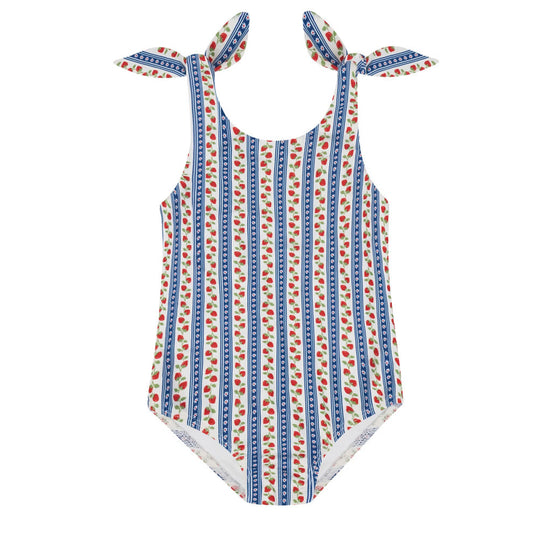 Girls' Strawberry Fields tie knot one-piece by Minnow, featuring a colorful strawberry pattern and tied knot design, perfect for summer wear.