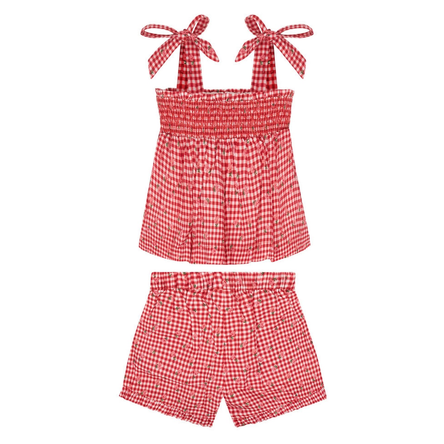 Girls' smocked top and shorts set by Minnow, featuring a cute, lightweight design with playful patterns and comfortable fit.