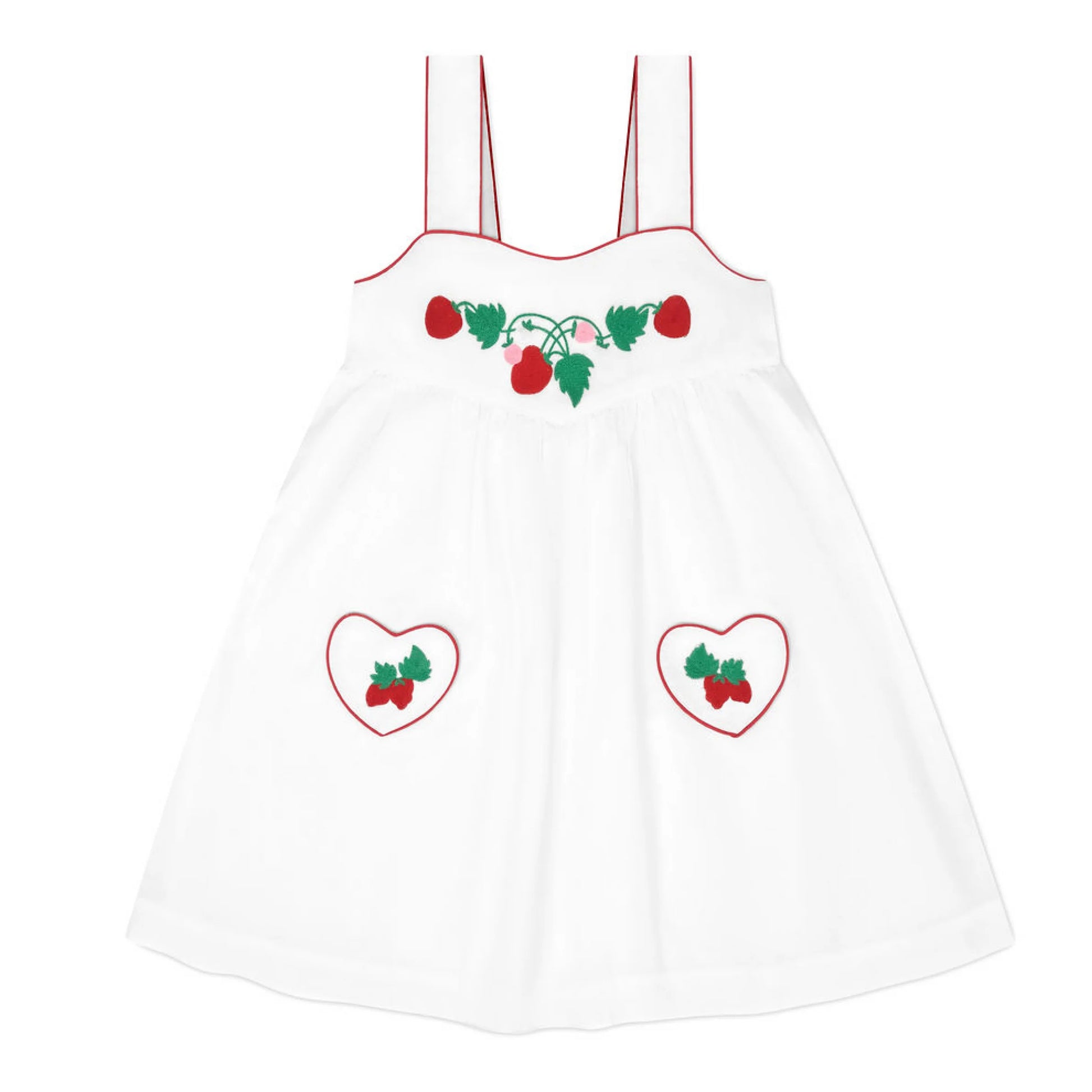 Girls' heart pocket dress by Minnow featuring a cute pink fabric with heart-shaped pockets and a sleeveless design.