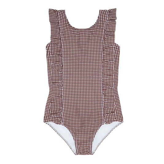 girls brown micro gingham ruffle one piece