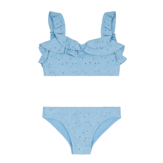 girls blue eyelet v-neck ruffle bikini