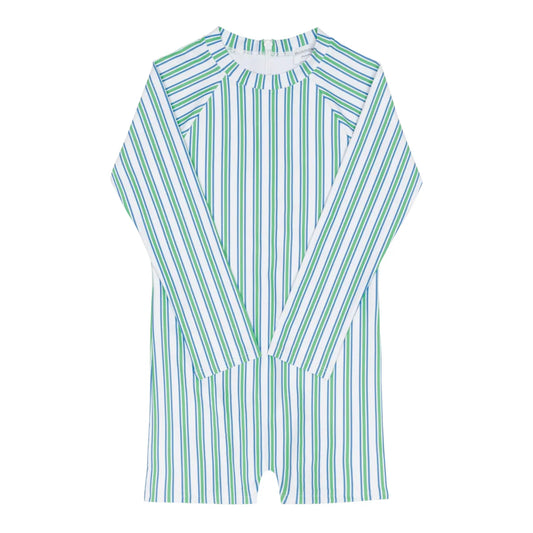 Unisex Tamarin Stripe Rashguard One Piece by Minnow, featuring colorful striped design and UV protection for swimming.