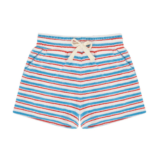 Minnow boys stripe French terry shorts with colorful horizontal stripes and an elastic waistband, ideal for casual wear.