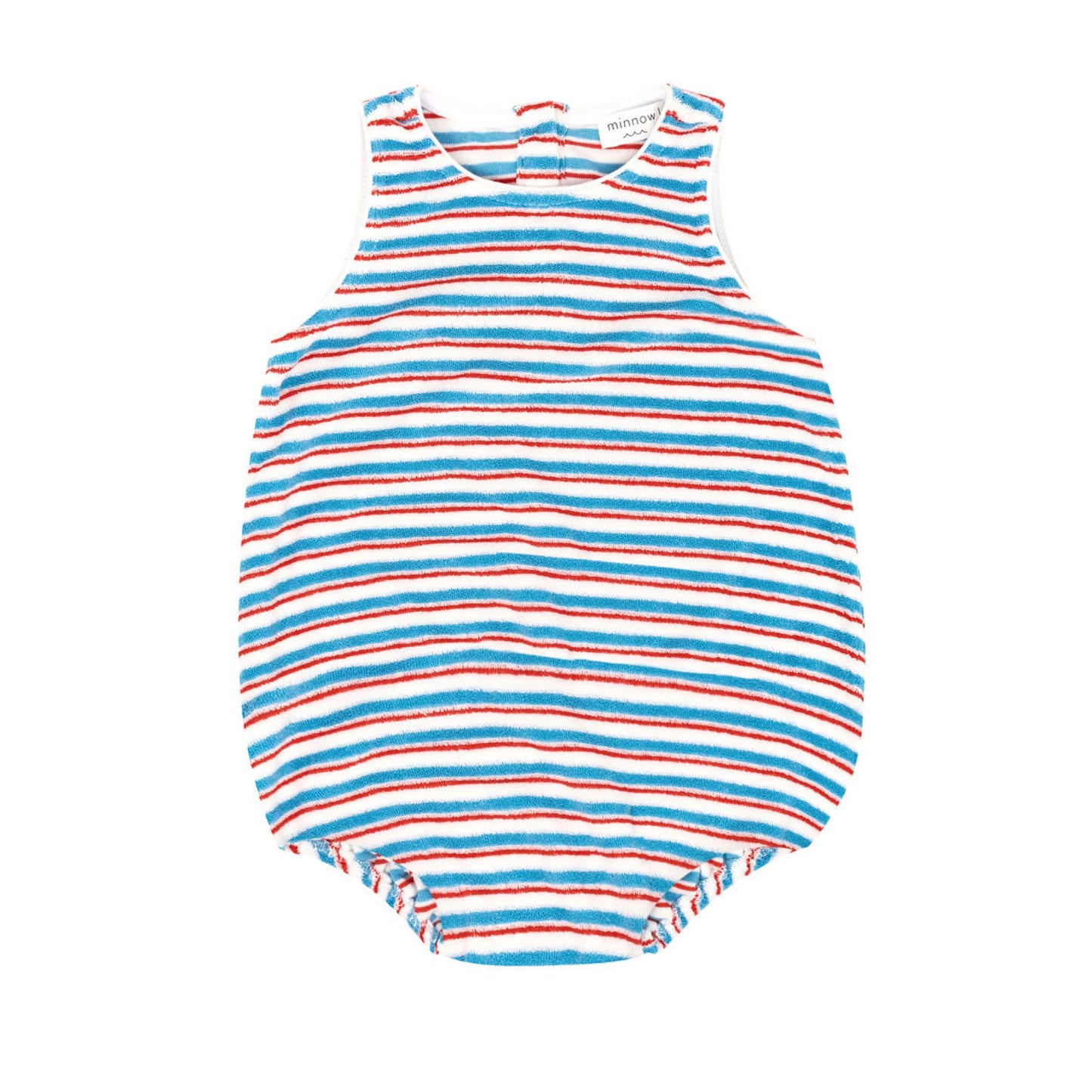 Baby girl wearing Minnow stripe French terry bubble romper with long sleeves and snap closures, soft and comfortable for infants.