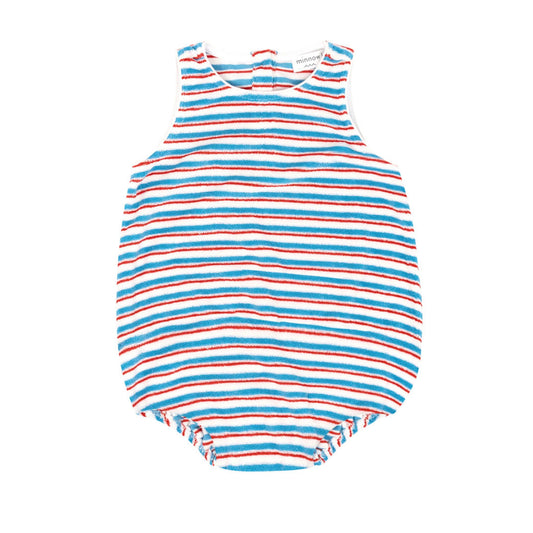Baby girl wearing Minnow stripe French terry bubble romper with long sleeves and snap closures, soft and comfortable for infants.