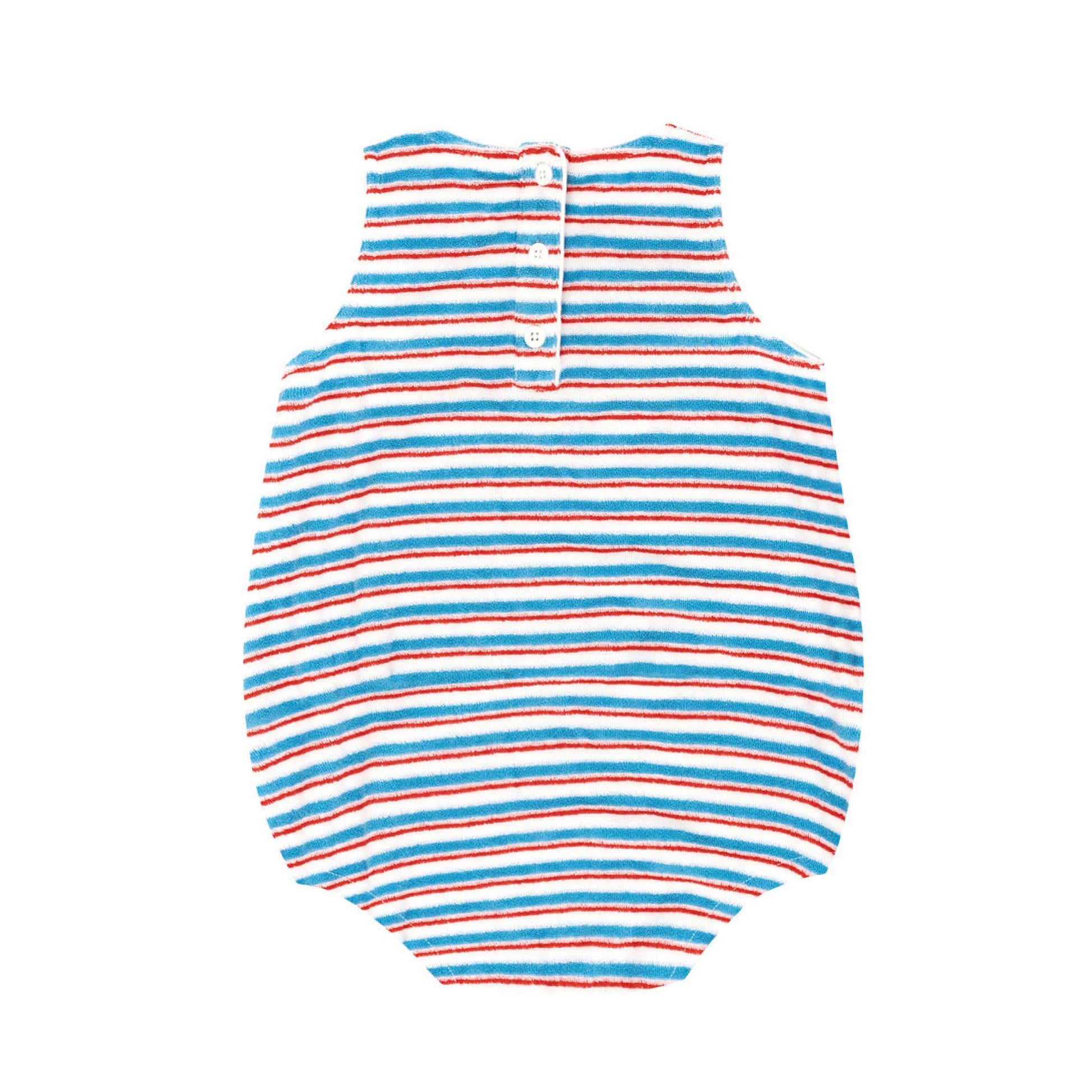 Baby stripe French terry bubble romper by Minnow, featuring a soft, cozy fabric with colorful stripe pattern and snap closure.