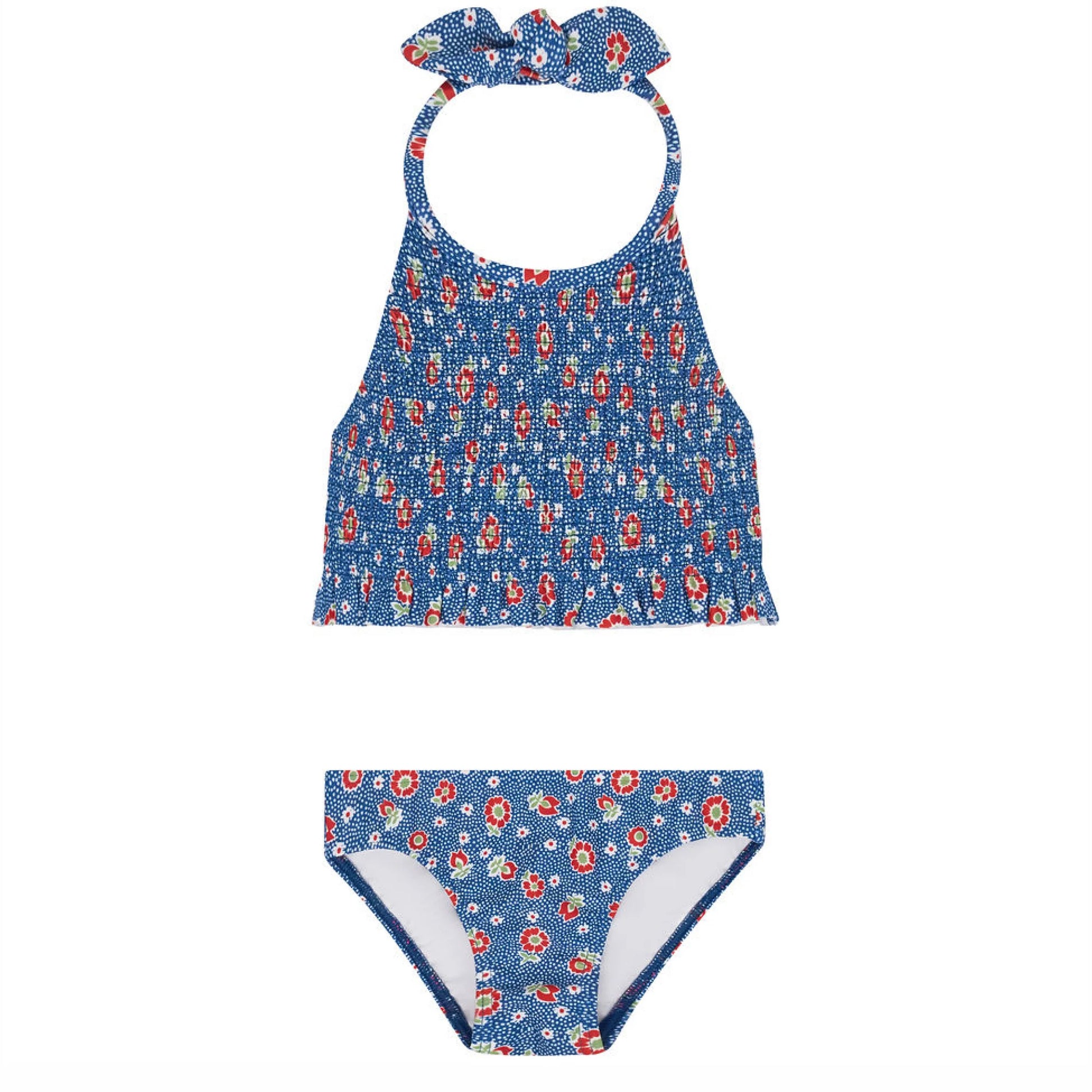 Girls navy floral smocked halter bikini by Minnow, with a cute halter top and matching floral bottoms, perfect for summer swimming.