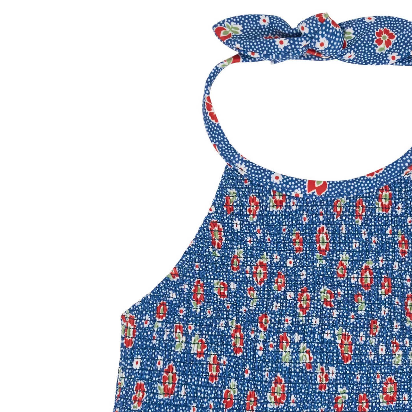 Girls navy floral smocked halter bikini by Minnow featuring a floral pattern and adjustable halter straps.