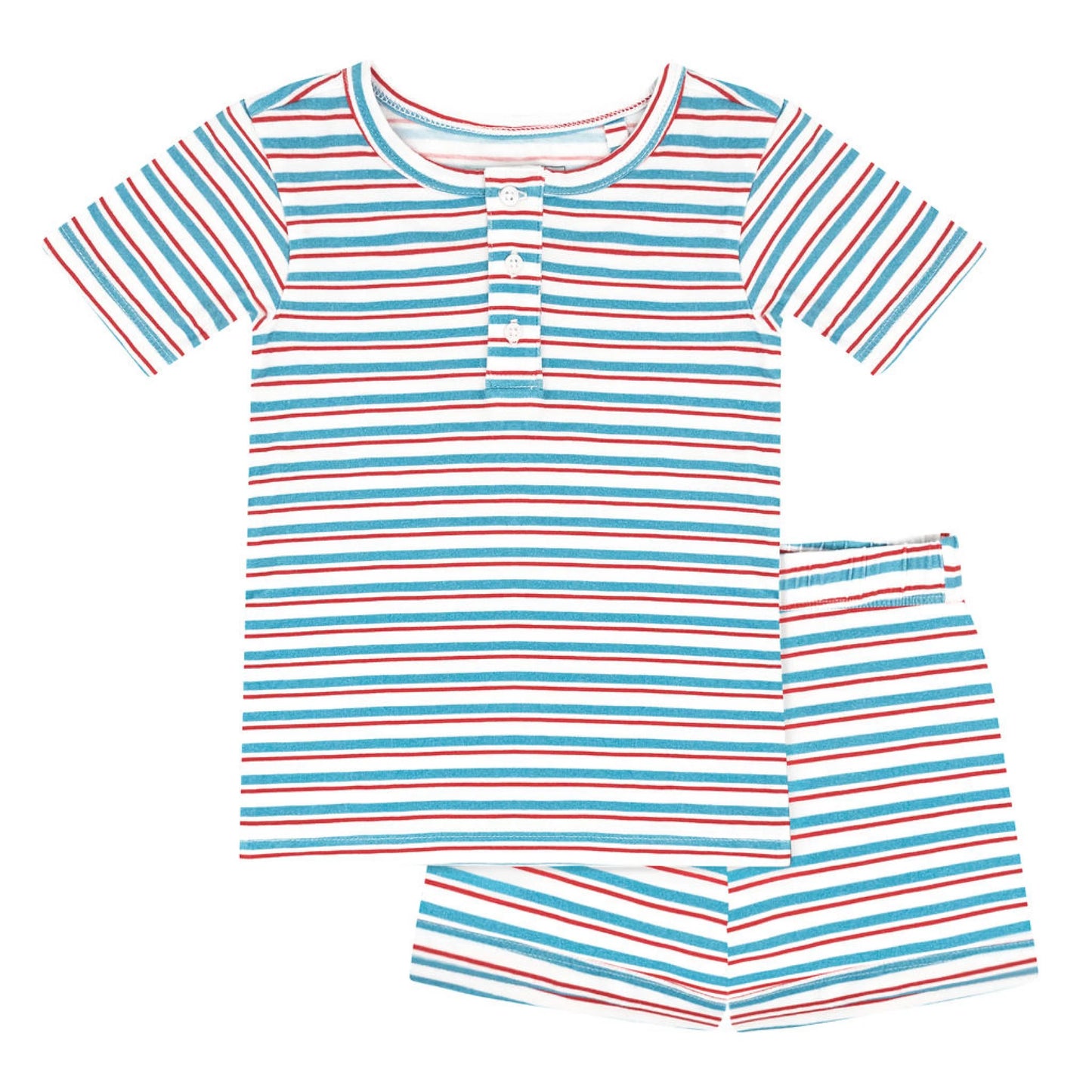 Unisex striped shirt and short pima pajama set by Minnow, featuring soft fabric and comfortable fit, displayed on a hanger.