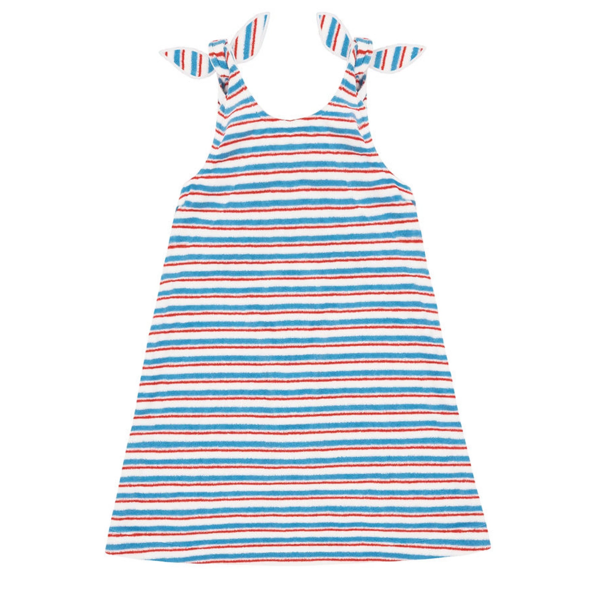 Girls' striped French terry tie knot dress by Minnow, featuring a casual, comfortable design with colorful vertical stripes.