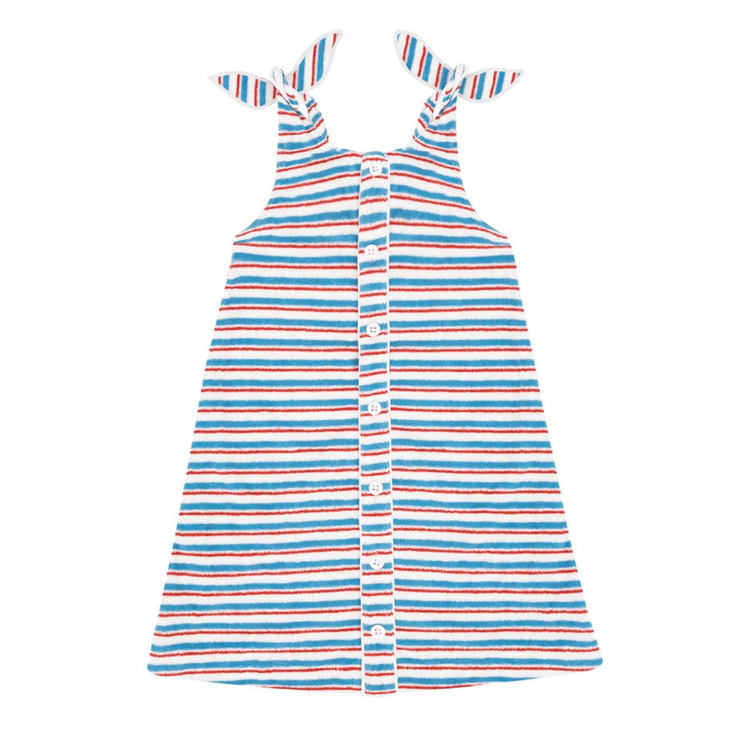 Girls striped French terry tie knot dress by Minnow, featuring a playful design and comfortable fabric, perfect for casual wear.