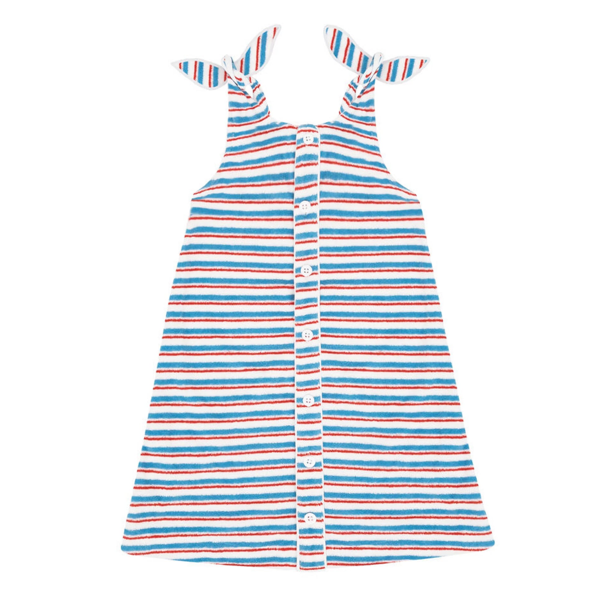 Girls striped French terry tie knot dress by Minnow, featuring a playful design and comfortable fabric, perfect for casual wear.