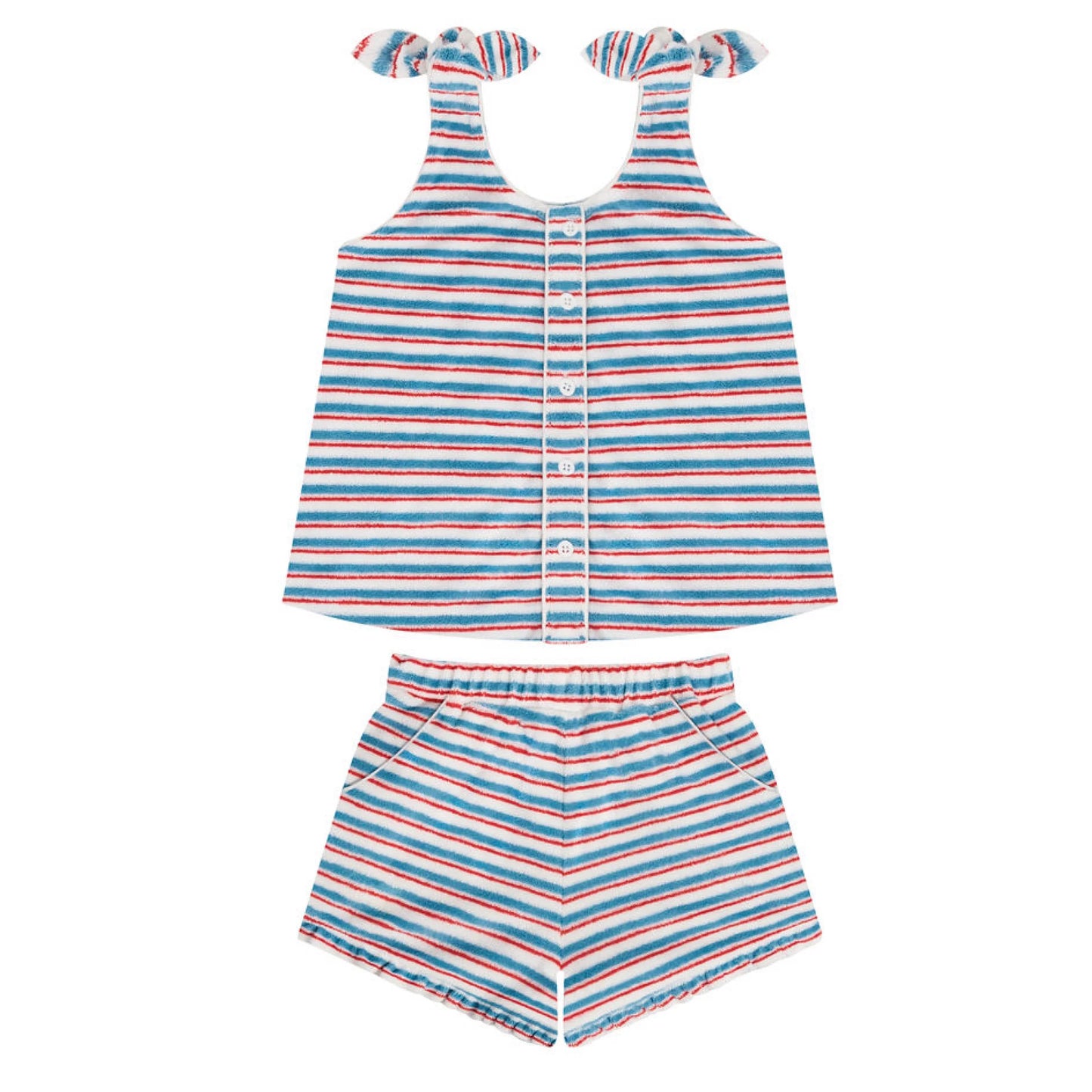 Girls' Minnow French terry stripe tie knot set featuring a stylish striped pattern and comfortable fabric for casual wear.