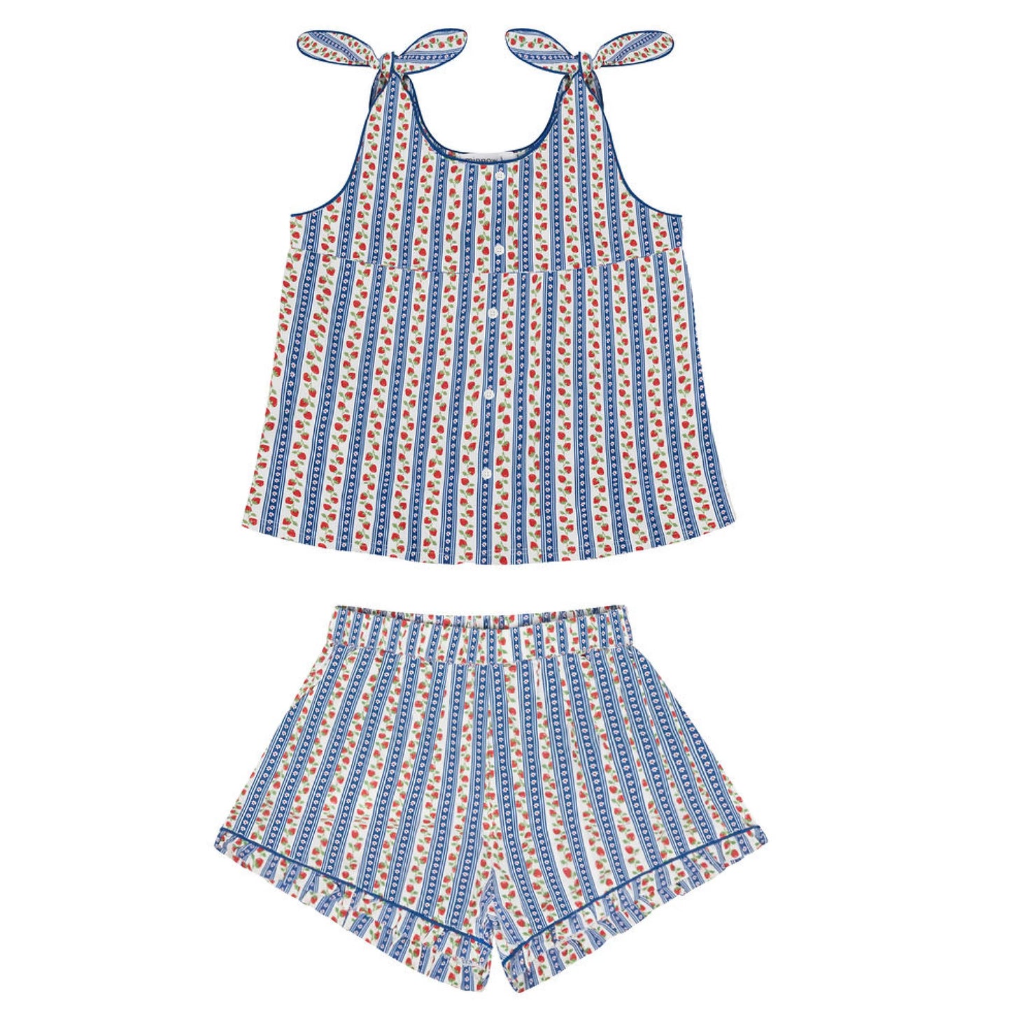 Girls' strawberry floral tie knot short set by Minnow, featuring a cute floral pattern and stylish tie knot design.