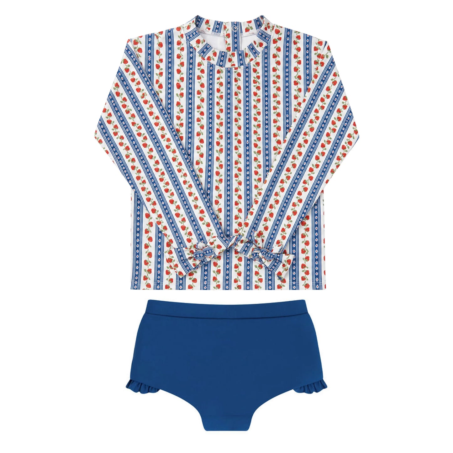 Girls' strawberry fields tie knot sleeve rashguard set by Minnow featuring a colorful strawberry pattern and comfortable fabric.