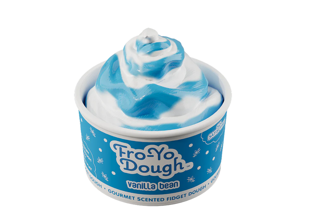 Scentco Fro-Yo Dough in Vanilla Bean flavor, an individual container with soft, colorful slime resembling vanilla frozen yogurt.