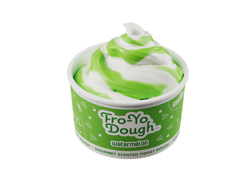 Scentco Fro-Yo Dough in watermelon flavor, colorful individual container with soft, moldable textured dough for sensory play and creativity.