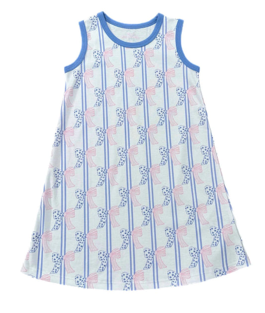 James & Lottie Patriotic Bow Knit Madison sleeveless play dress with bow detail and colorful patriotic pattern for young children.