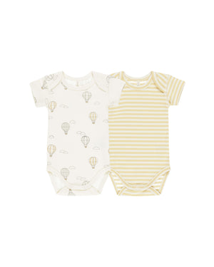 Quincy Mae - Hot Air Balloons/Yellow Stripe Short Sleeve Bodysuit 2 Pack