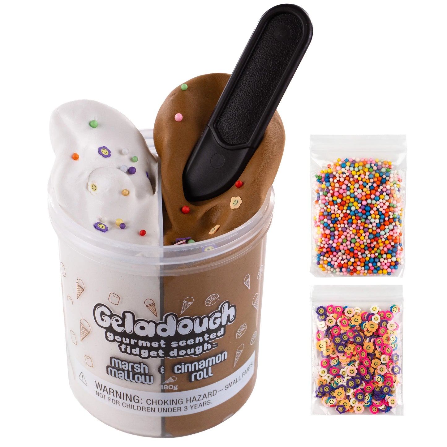 Scentco Geladough marshmallow cinnamon scented dough in a clear container, showing soft, colorful dough with cinnamon scent.