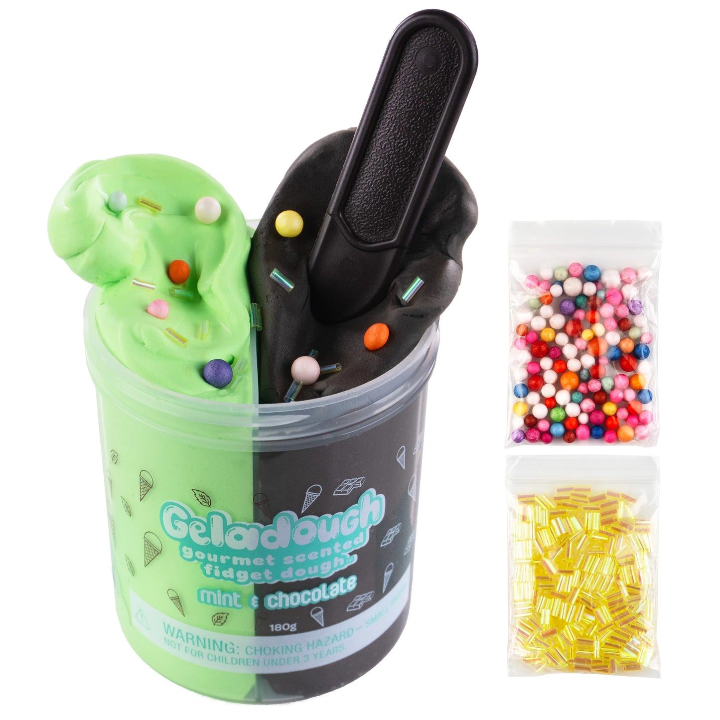 Scentco Geladough mint chocolate scented dough in a clear container, showcasing the soft, moldable texture of the product.
