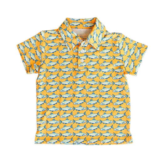 Hollis Baker Amalfi Fish Kyle Polo shirt with a vibrant fish print, soft fabric, and classic polo collar.