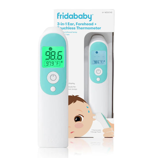frida 3-in-1 infrared thermometer showing digital display, used for ear, forehead, and touchless temperature measurement.