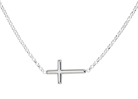 Sterling silver sideways cross necklace from Cherished Moments, featuring a horizontal cross pendant on a delicate chain.
