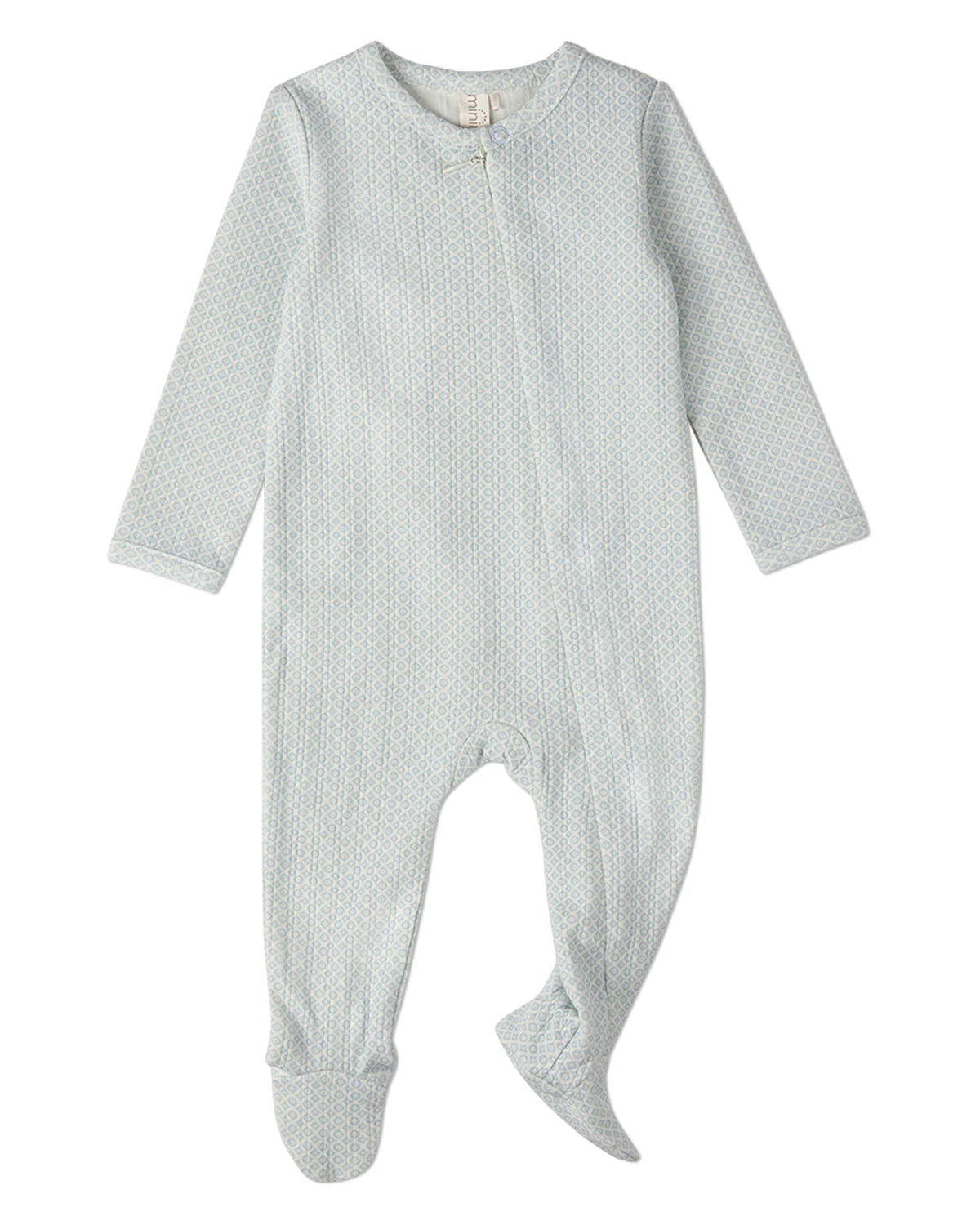Blue all-over abstract print minimoi baby footie with long sleeves and footed design, soft and comfortable for infants.