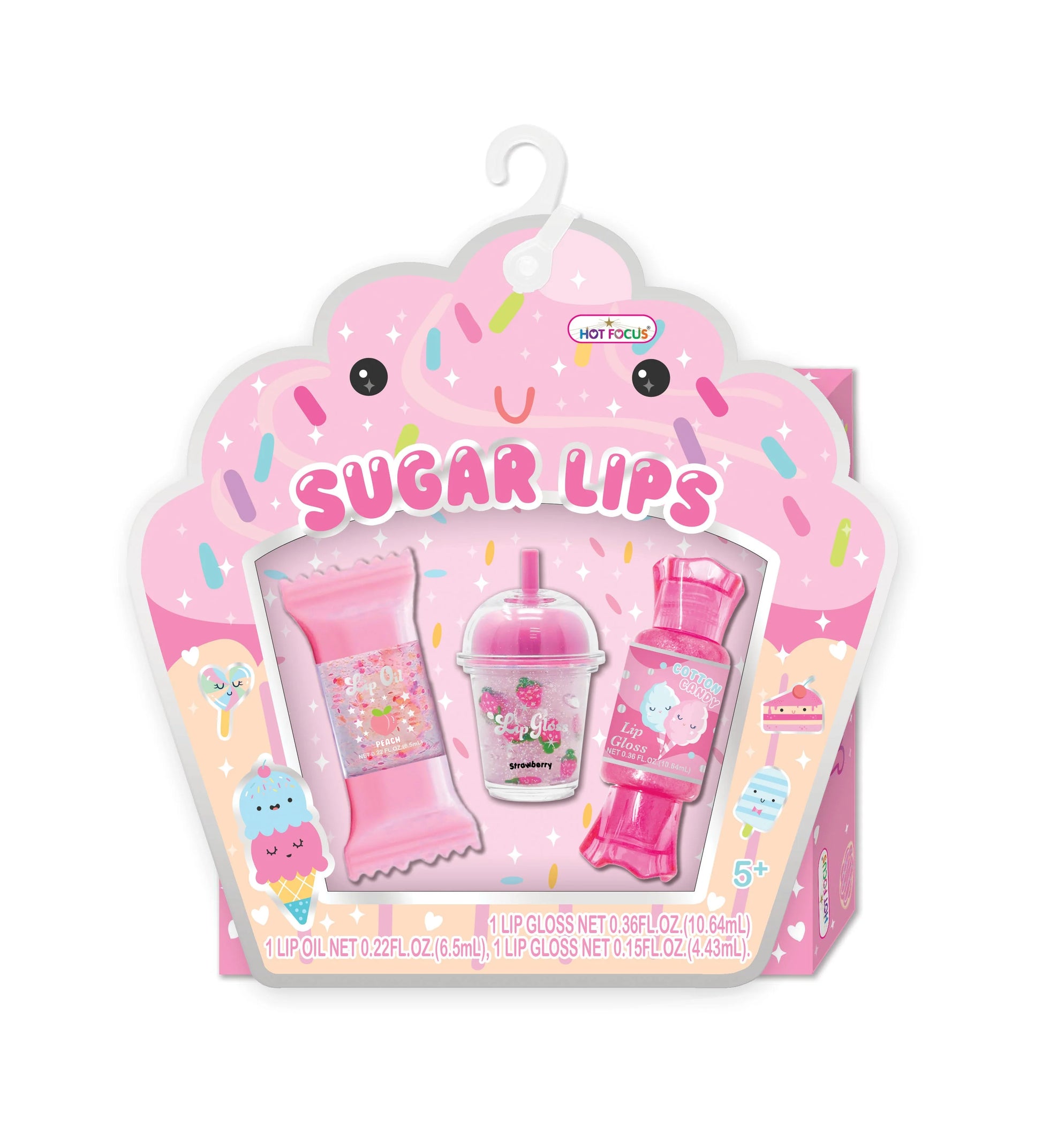 Hot Focus Sugar Crush Sugar Lips lip gloss with a shimmering pink and gold finish, featuring a decorative sugar-shaped cap.