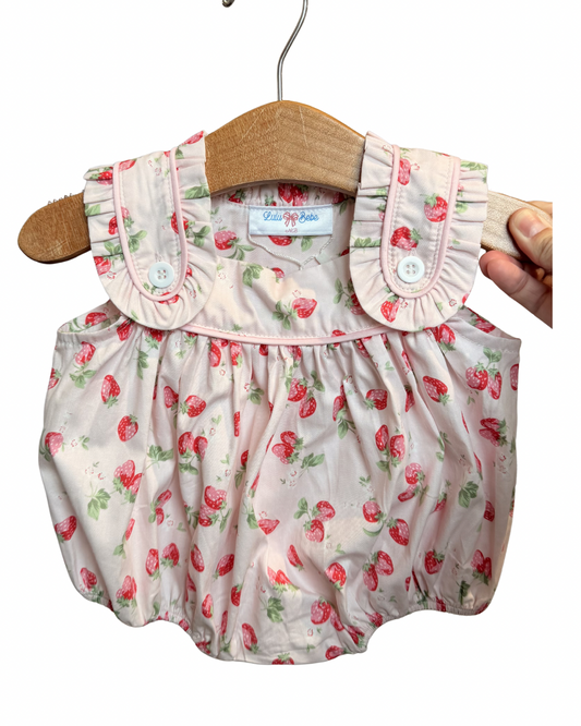 Strawberry sleeveless ruffle bubble dress for girls by Lulu Bebe, featuring a playful strawberry print and ruffled details.