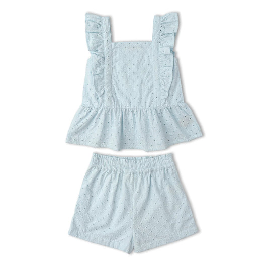 Light blue organic eyelet flutter top and matching shorts set by MakeMake, with delicate eyelet details and lightweight fabric.