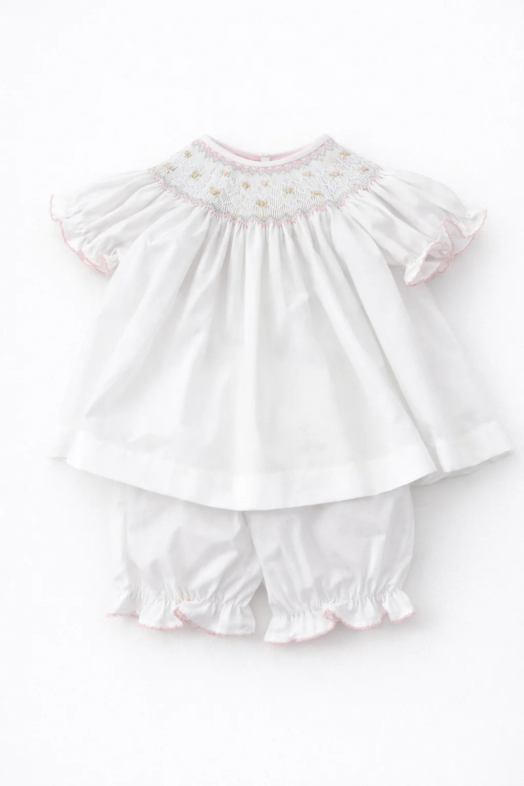White smocked bishop bloomer set for babies by Lulu Bebe, featuring delicate smocking and soft fabric for comfortable wear.