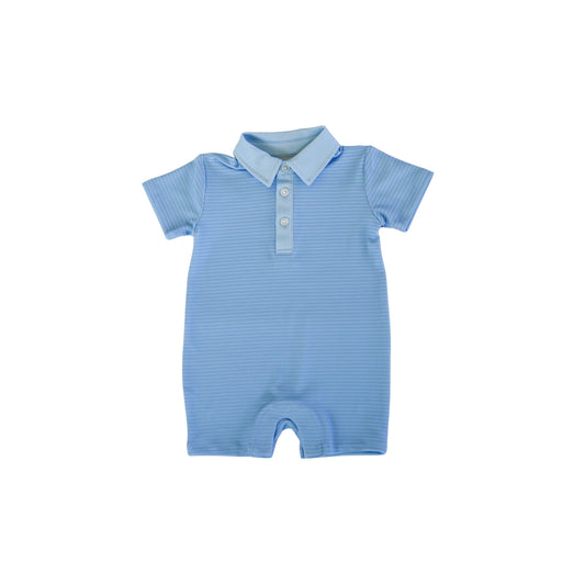 Hollis Baker blue stripe Tripp romper with short sleeves and button details, perfect for casual summer wear.