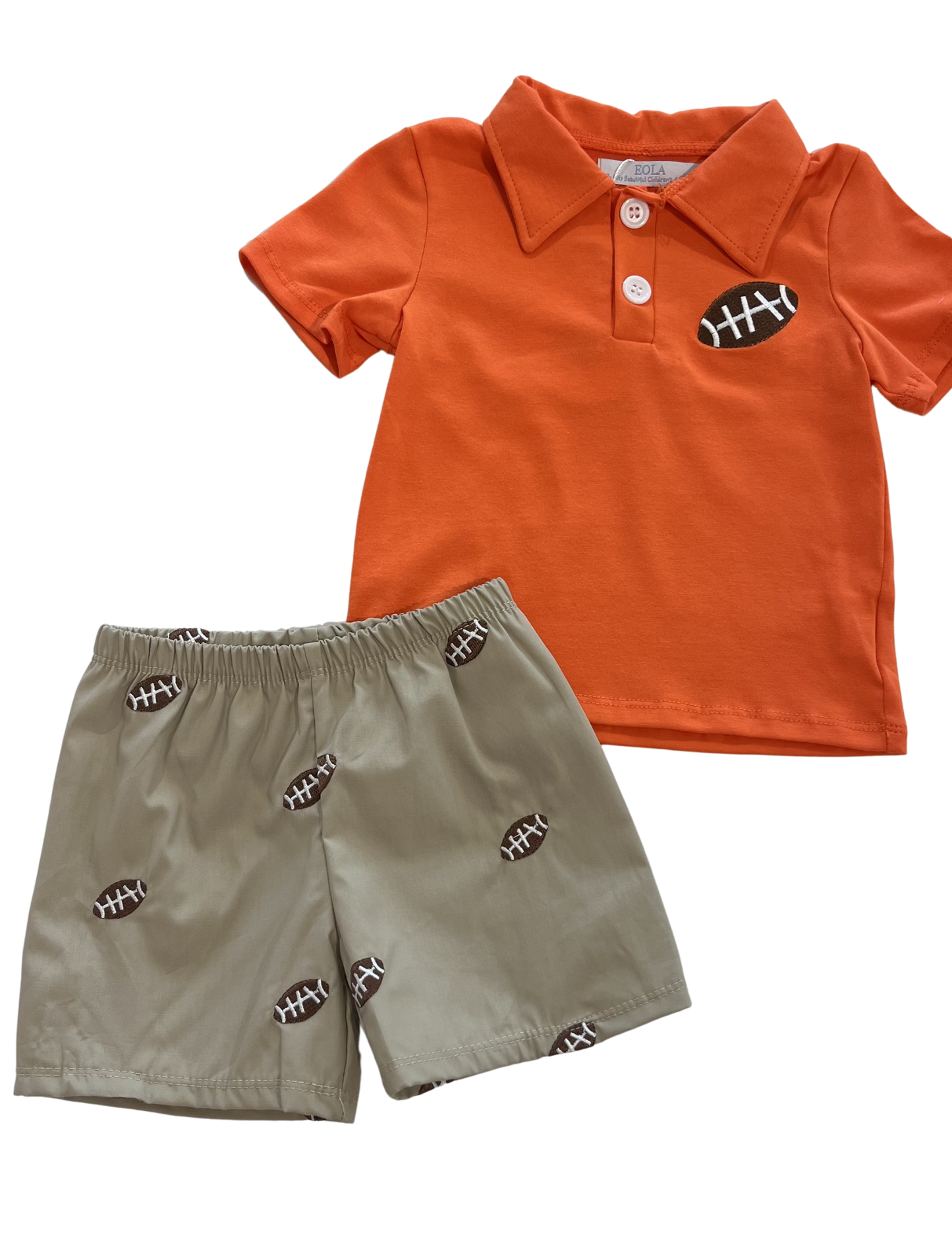 Orange football shorts set for children from City Beautiful Children's Boutique, featuring comfortable athletic style and vibrant color.