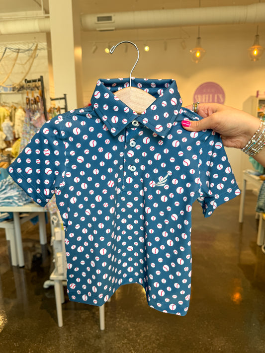 Navy baseball print Miles Performance short-sleeve polo shirt by Coolybri with a classic collar and sporty design.