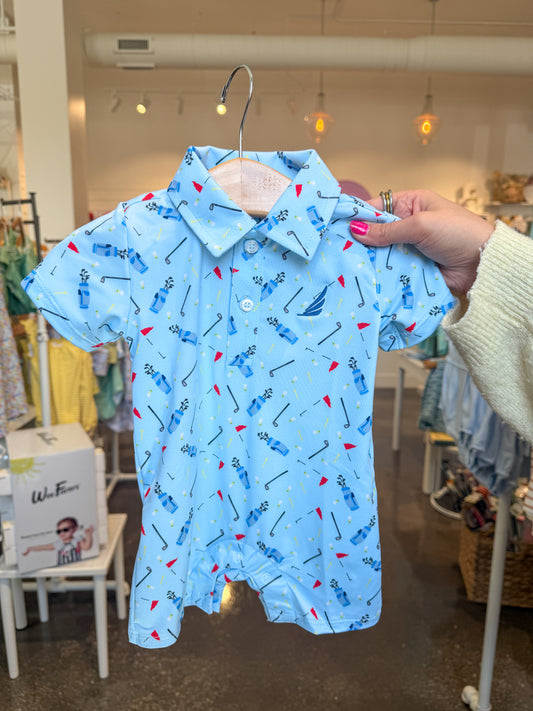 Blue Golf Bag Print Banks Performance Polo Romper by Coolybri, featuring a vibrant golf-themed pattern and casual fit.
