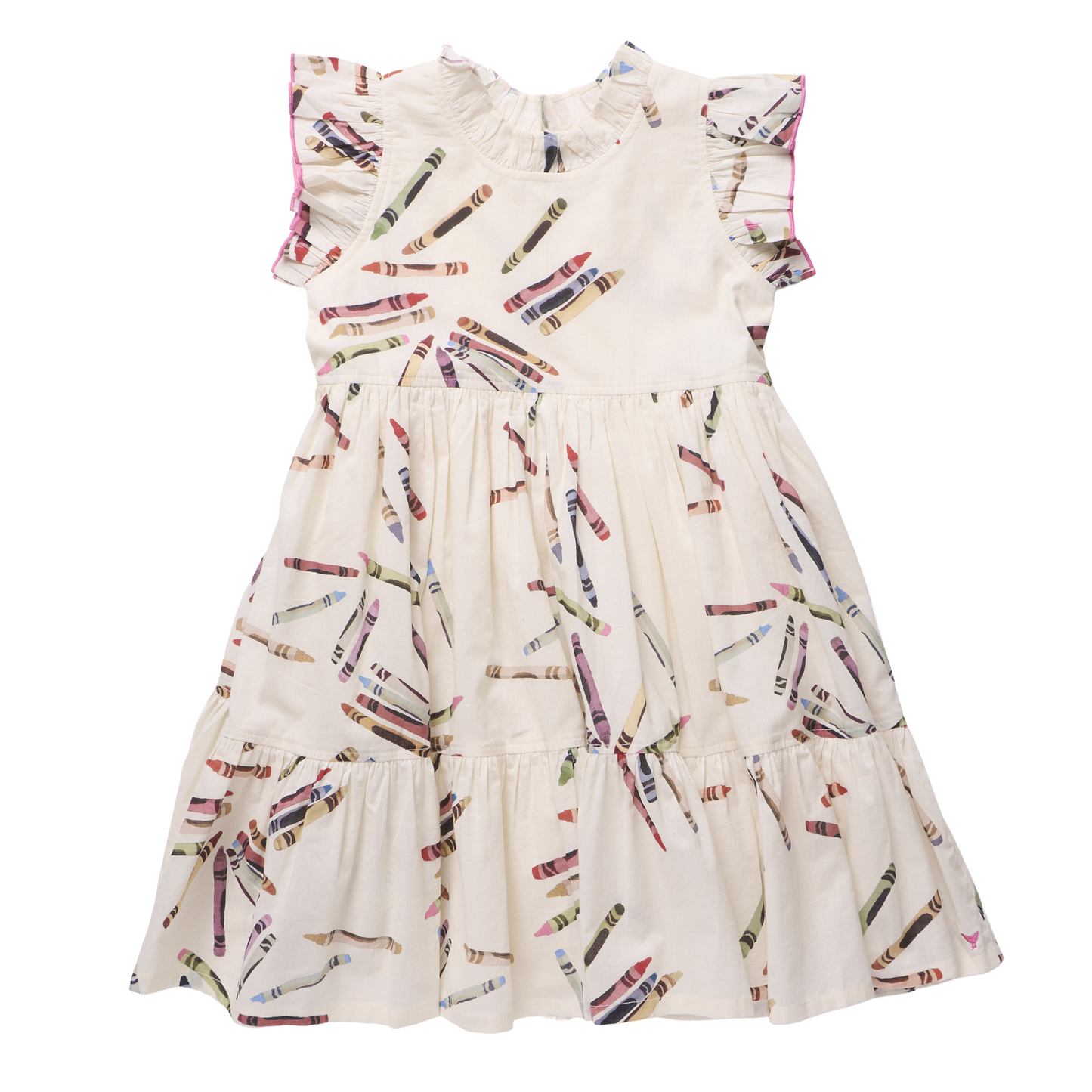 Pink Chicken Tossed Crayons Jennifer Dress, lightweight cotton dress with colorful crayon print for girls.