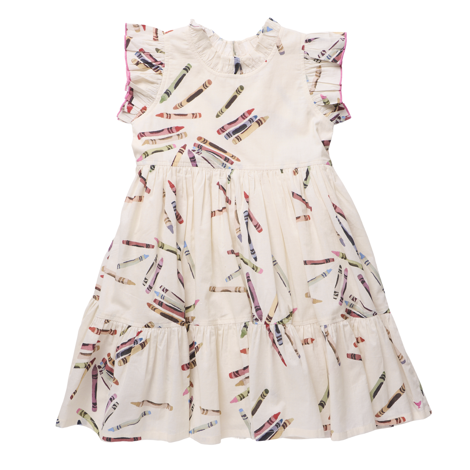 Pink Chicken Tossed Crayons Jennifer Dress, lightweight cotton dress with colorful crayon print for girls.