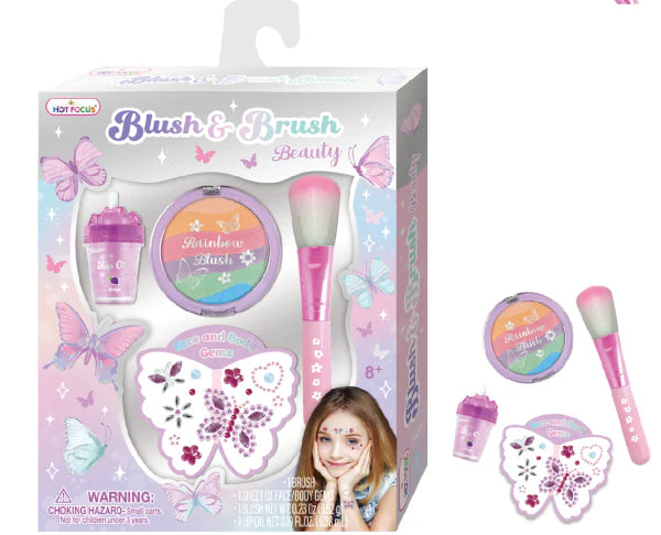 Tie dye butterfly blush and brush beauty set by Hot Focus, featuring colorful butterfly design on blush and matching makeup brush.