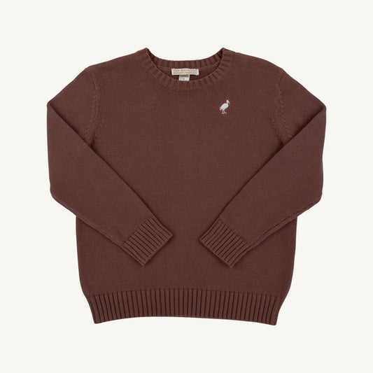 Gray Bay Brown Isaac's sweater from The Beaufort Bonnet Company featuring a brown color, cozy knit, and a subtle palmetto pearl stork detail.