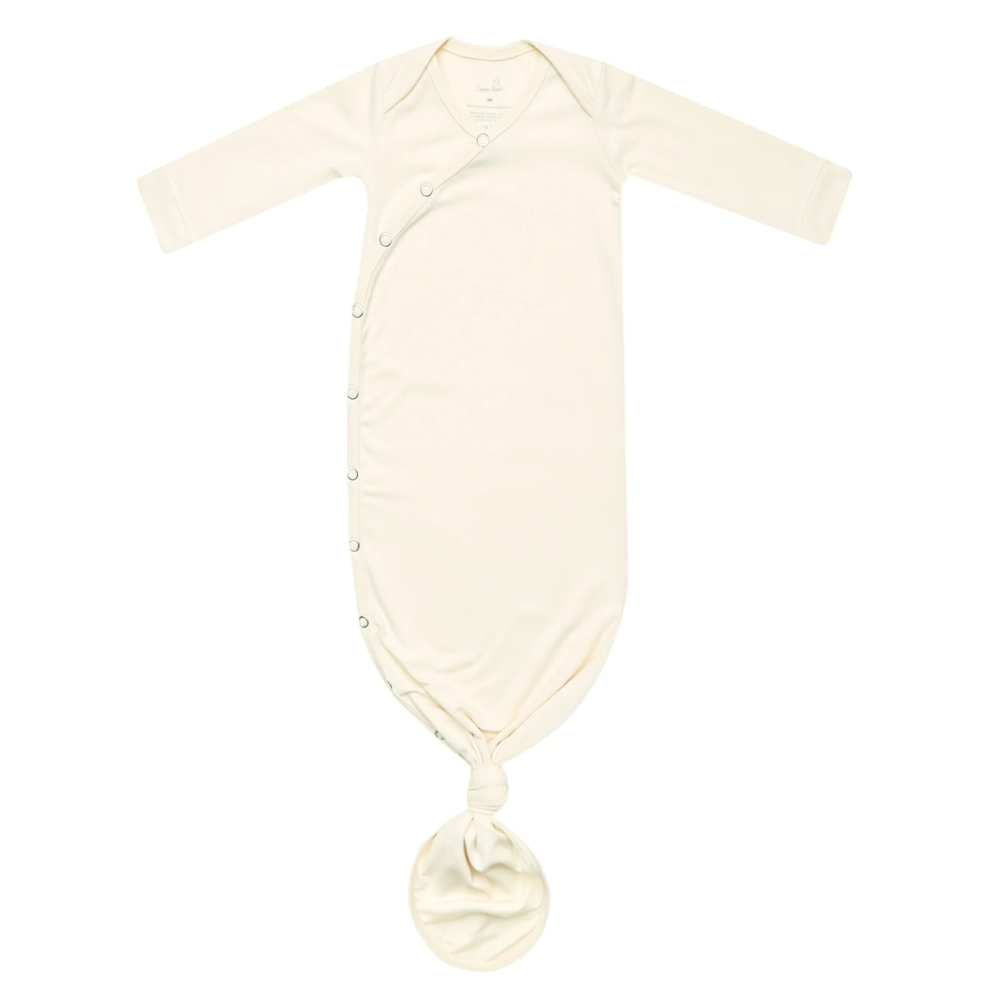 Copper Pearl Cru newborn knotted gown featuring soft fabric, knot detail at the front, ideal for cozy newborn comfort and easy dressing.