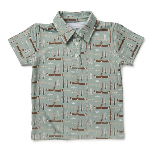 Hollis Baker Canoe Kyle Polo shirt displayed on a mannequin, featuring a casual fit with a boat graphic on the front.
