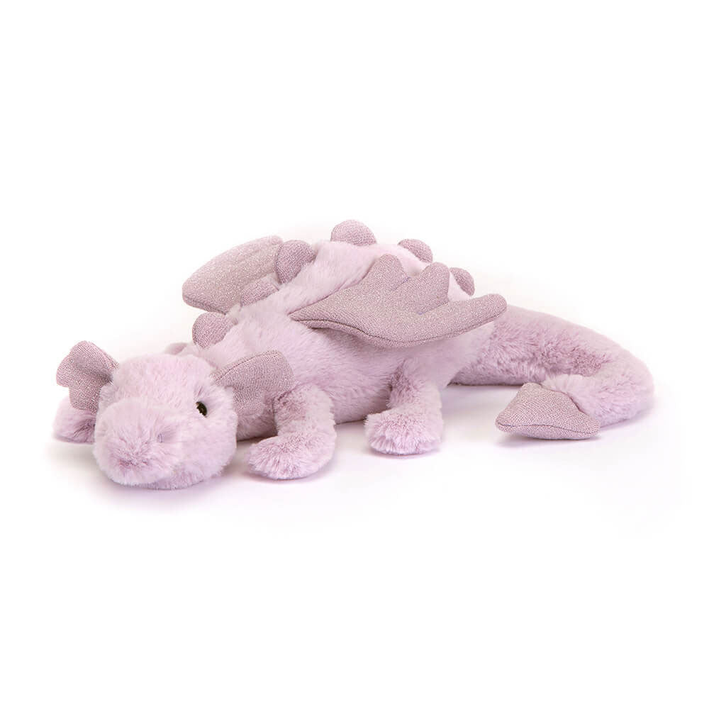 Soft lavender Jellycat dragon plush toy with detailed scales and gentle expression, perfect for cuddling and decorative display.