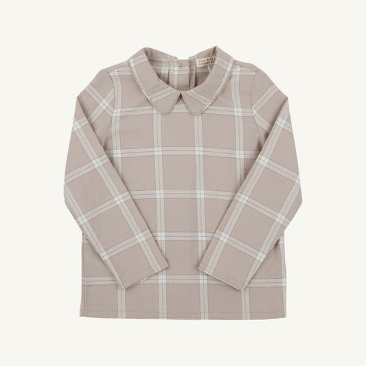 Thomas Park plaid long-sleeve Peter Pan collar shirt onesie by The Beaufort Bonnet Company, featuring classic plaid pattern and soft fabric.