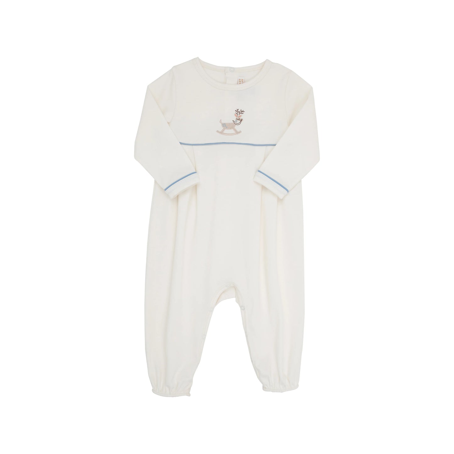 The Beaufort Bonnet Company - Long Sleeve Bradford Romper Palmetto Pearl with Barrington Blue & Reindeer Rocking Horse Embroidery
