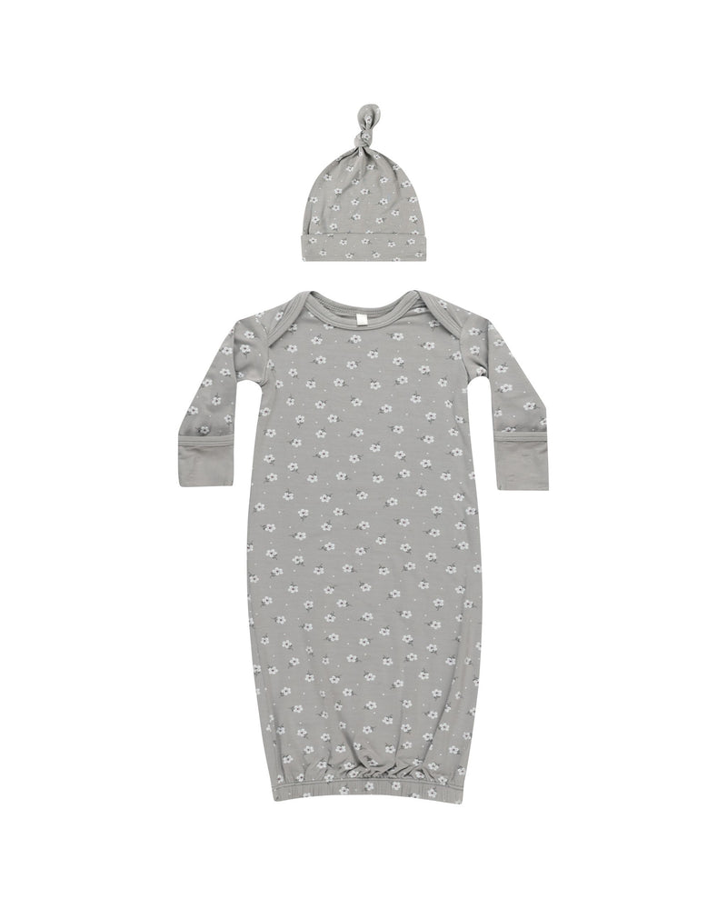 Quincy Mae - Blue Ditsy Bamboo Baby Gown + Hat Set