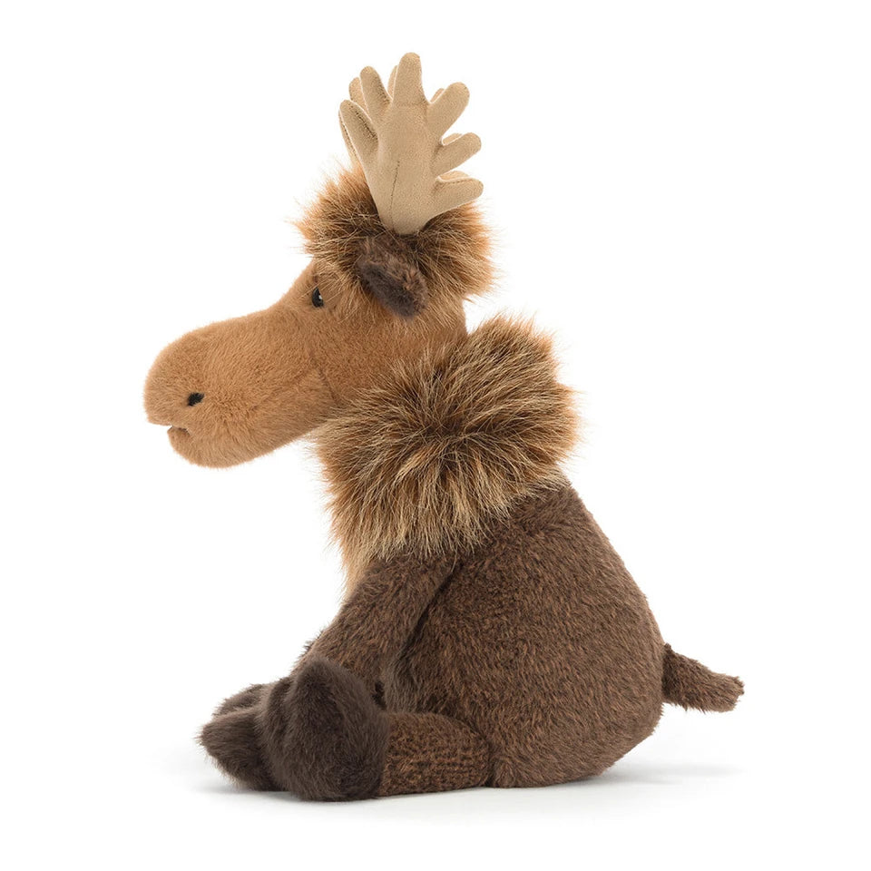 Soft Jellycat Birchly Moose plush toy with brown fur and cute features, perfect for cuddling and play.