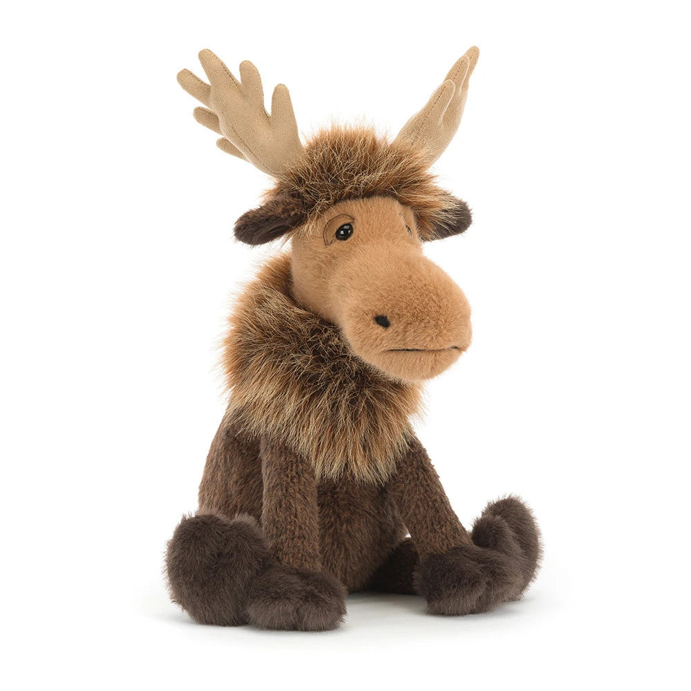 Jellycat Birchly Moose plush toy with soft brown fur and adorable antlers, perfect for cuddling and indoor play.