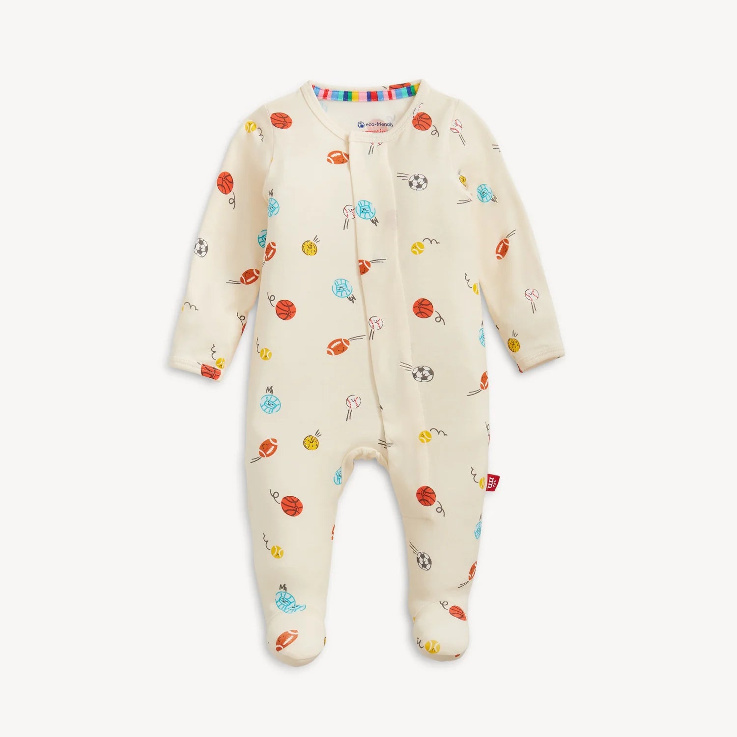 Little Baller Magnetic Me modal footie with magnetic closures, soft fabric, and ballerina print for infants' comfortable wear.